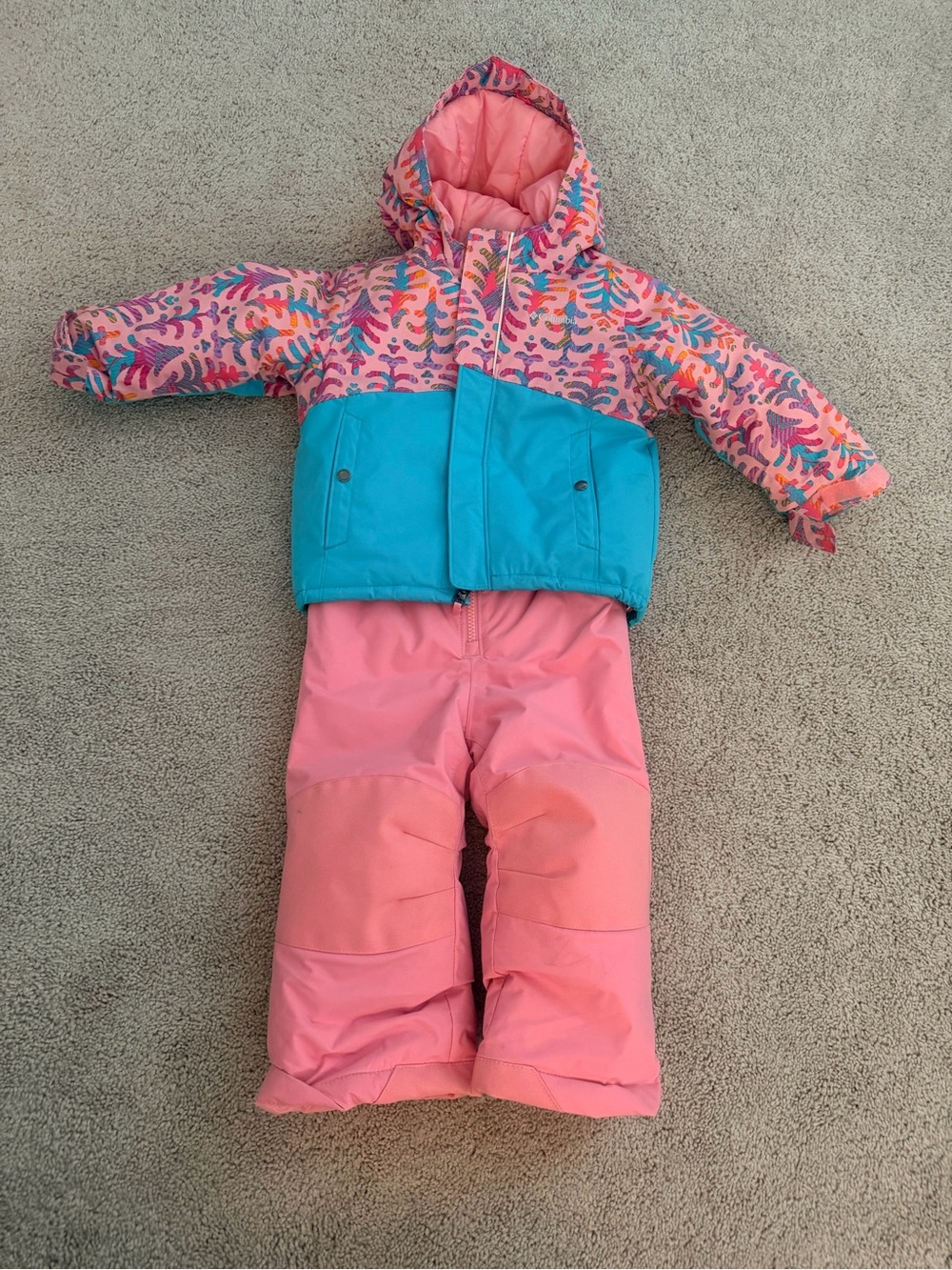 Columbia Kids Pink and Teal Hooded Patterned Puffer Jacket